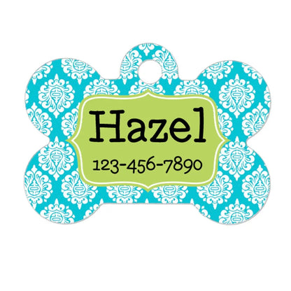 Personalized Dog Name Tag - Dog ID Tag - Aqua Lime Custom Dog Collar Tag - Dog Tag Damask Pattern Joyful Moose