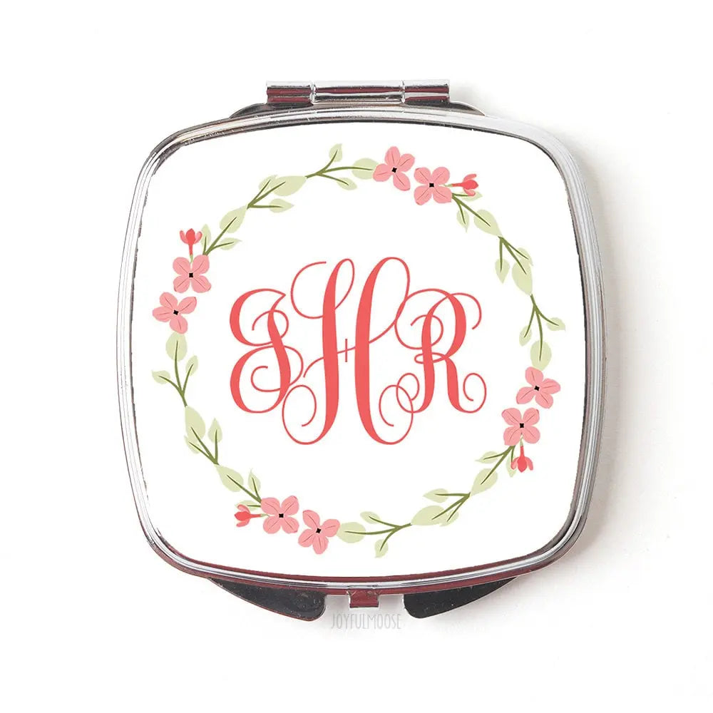 Bridesmaids Gifts Monogram Compact Mirror - Pocket Mirror - Purse Mirror - Coral Floral Wreath Joyful Moose
