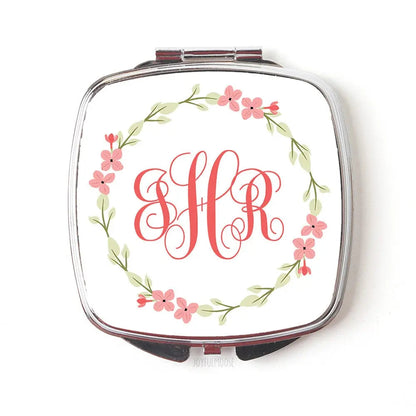 Bridesmaids Gifts Monogram Compact Mirror - Pocket Mirror - Purse Mirror - Coral Floral Wreath Joyful Moose