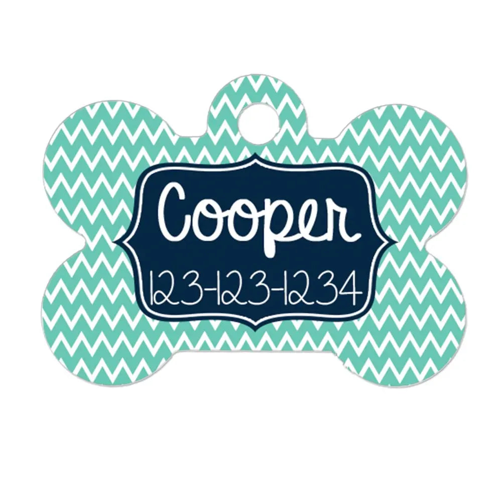 Personalized Dog Name Tag - Dog ID Tag - Mint Navy Custom Dog Collar Tag - Dog Tag Chevron Pattern Joyful Moose