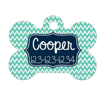 Personalized Dog Name Tag - Dog ID Tag - Mint Navy Custom Dog Collar Tag - Dog Tag Chevron Pattern Joyful Moose