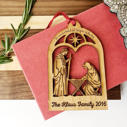 Personalized Nativity Ornament | Christian Holiday Keepsake - Wooden Christmas Tree Decoration Joyful Moose