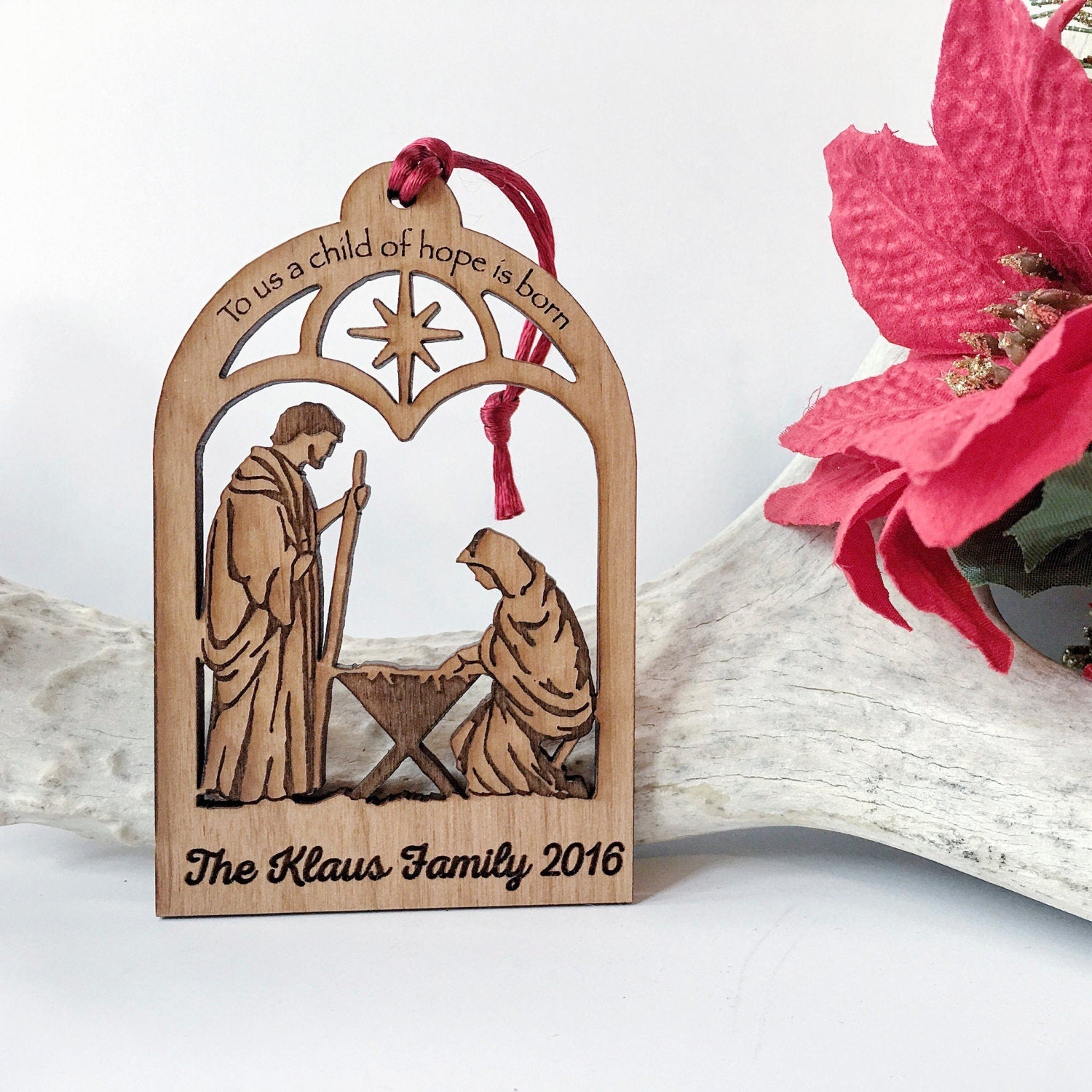 Personalized Nativity Ornament | Christian Holiday Keepsake - Wooden Christmas Tree Decoration Joyful Moose