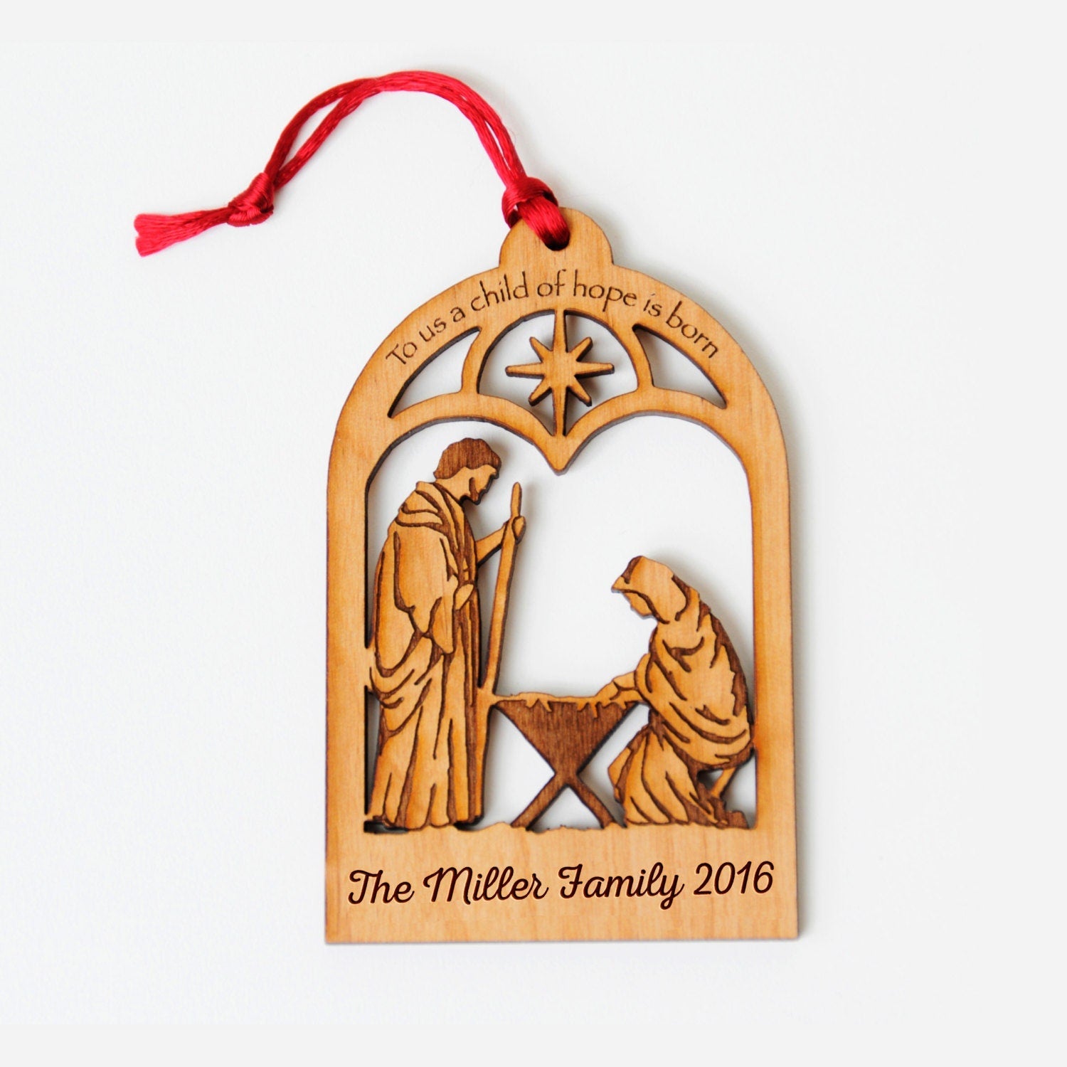 Personalized Nativity Ornament | Christian Holiday Keepsake - Wooden Christmas Tree Decoration Joyful Moose
