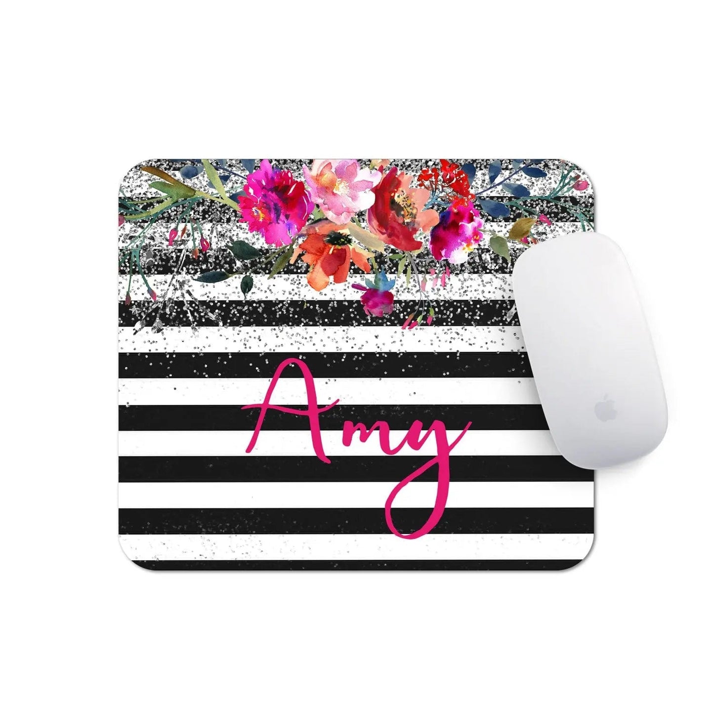 Personalized Floral Mousepad - Watercolor Mouse Pad With Silver Glitter Design Joyful Moose