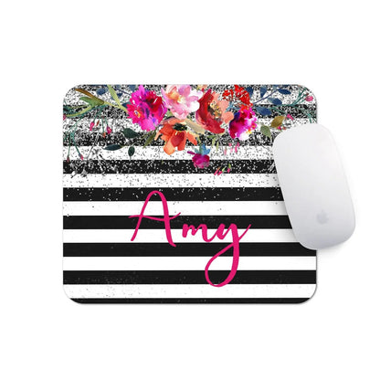 Personalized Floral Mousepad - Watercolor Mouse Pad With Silver Glitter Design Joyful Moose