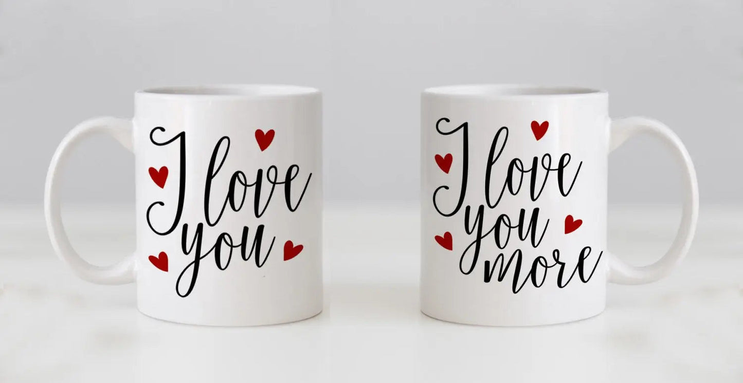 Mug Set, his n hers, I Love You & I Love You More, Valentines Day Gifts, Wedding Gift Coffee Mug Set, Anniversary Gift Joyful Moose