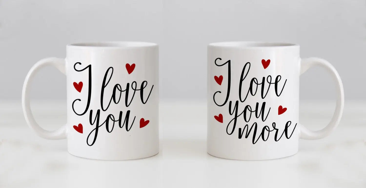 Mug Set, his n hers, I Love You & I Love You More, Valentines Day Gifts, Wedding Gift Coffee Mug Set, Anniversary Gift Joyful Moose