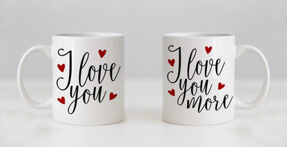 Mug Set, his n hers, I Love You & I Love You More, Valentines Day Gifts, Wedding Gift Coffee Mug Set, Anniversary Gift Joyful Moose