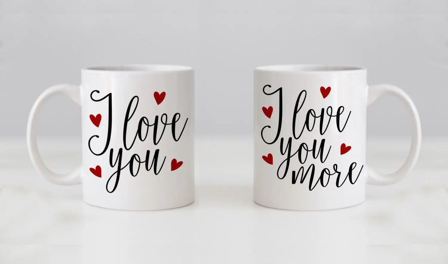 Mug Set, his n hers, I Love You & I Love You More, Valentines Day Gifts, Wedding Gift Coffee Mug Set, Anniversary Gift Joyful Moose
