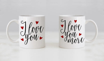 Mug Set, his n hers, I Love You & I Love You More, Valentines Day Gifts, Wedding Gift Coffee Mug Set, Anniversary Gift Joyful Moose