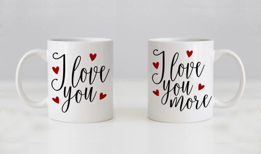 Mug Set, his n hers, I Love You & I Love You More, Valentines Day Gifts, Wedding Gift Coffee Mug Set, Anniversary Gift Joyful Moose