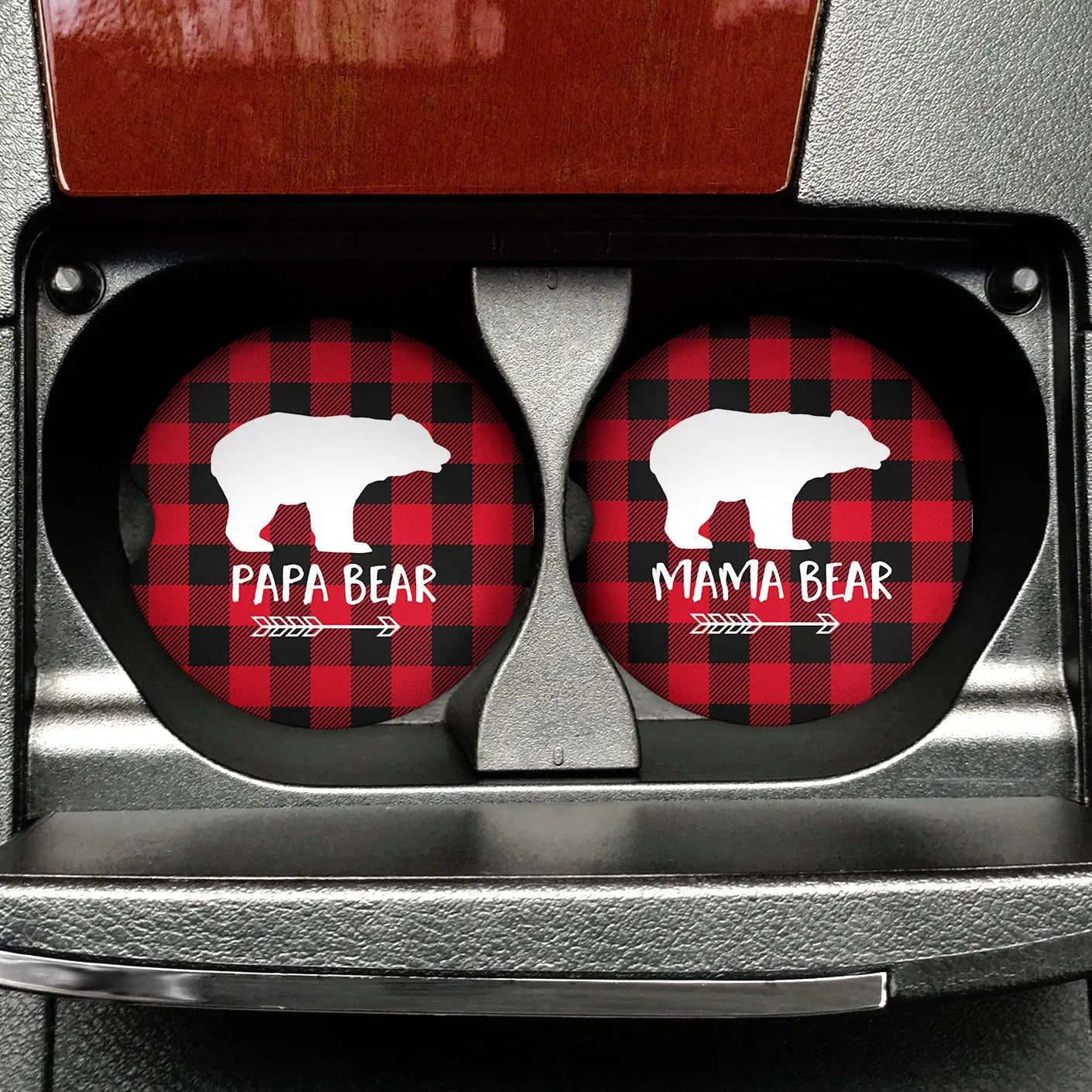Mama Bear Papa Bear Car Coasters - Matching Set of Car Coasters Buffalo Plaid Joyful Moose