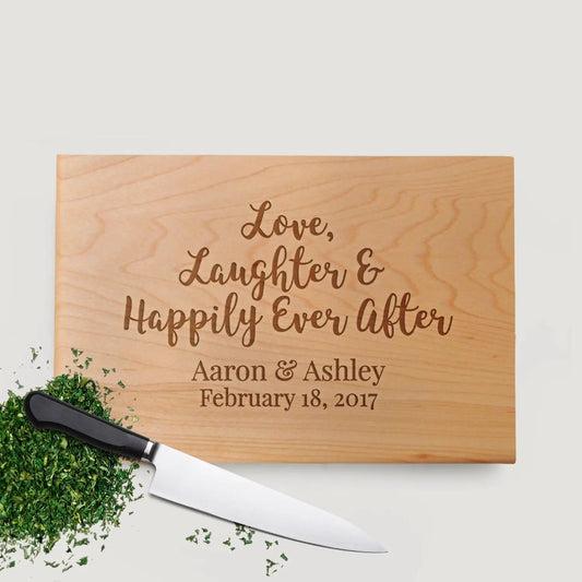 Wedding Gift for Bride & Groom, Custom Wood Cutting Board Happily Ever After Joyful Moose