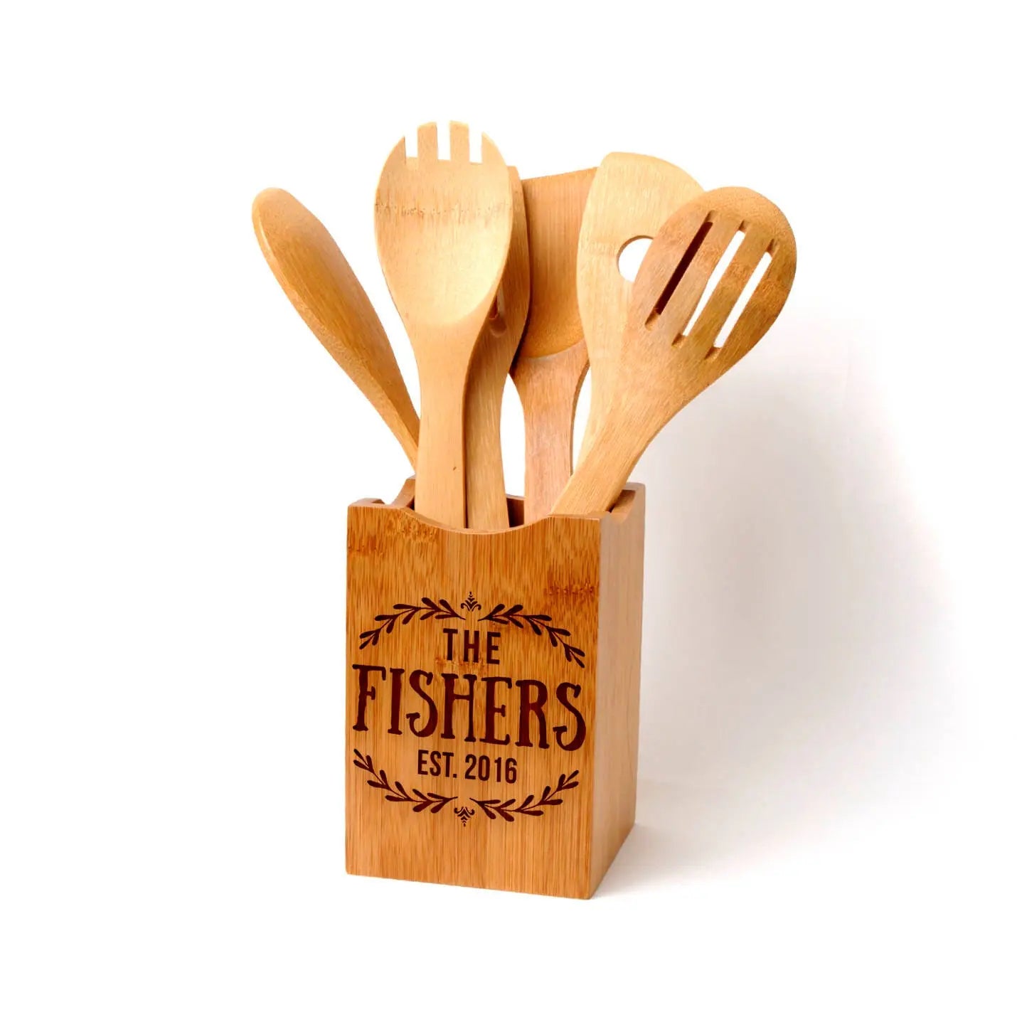 Bamboo Kitchen Utensil Holder - Custom Gift for Bride & Groom - Personalized Wedding Gift, Anniversary Gift Joyful Moose