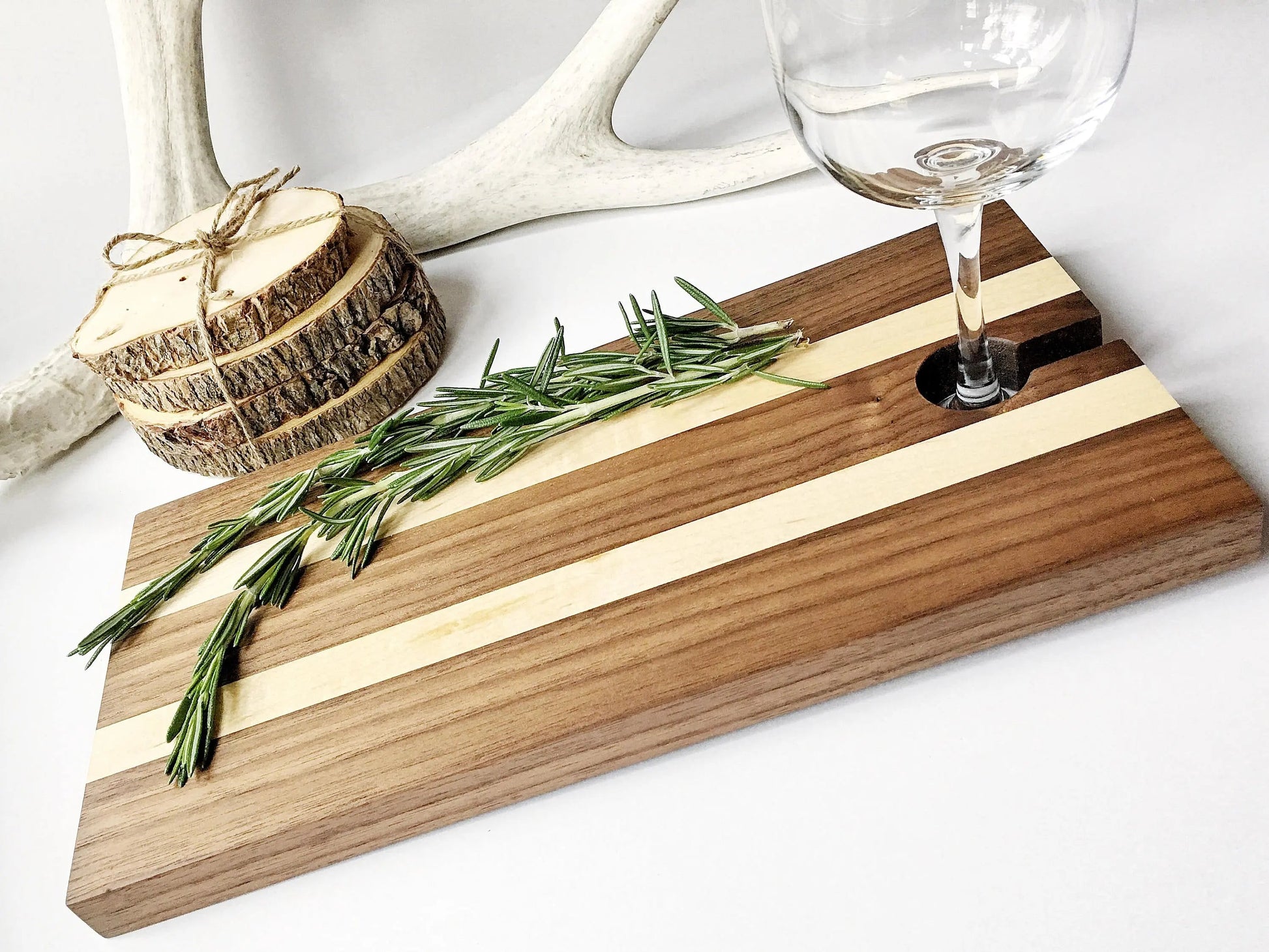 Serving Tray, Maple & Walnut Charcuterie Board, Wood Cheese Board with Wine Glass Holder Joyful Moose