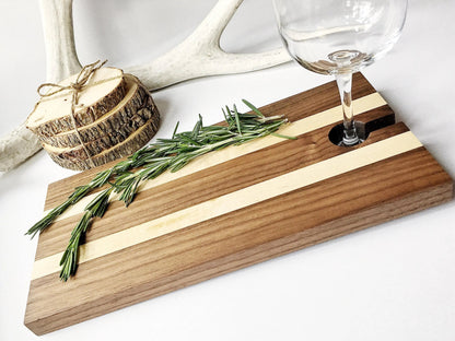 Serving Tray, Maple & Walnut Charcuterie Board, Wood Cheese Board with Wine Glass Holder Joyful Moose