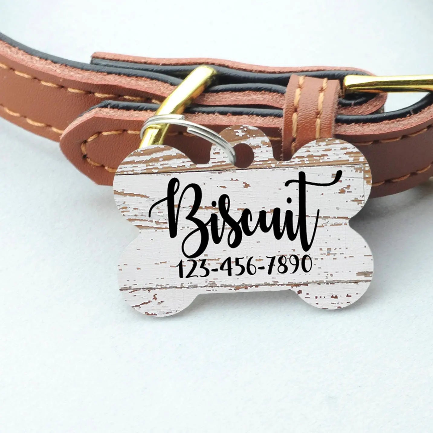 Pet ID Tag, Weathered Wood Pattern Custom Dog Name Tag, personalized dog tag, wood texture pet id tag, woodgrain dog name tag Joyful Moose