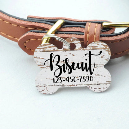 Pet ID Tag, Weathered Wood Pattern Custom Dog Name Tag, personalized dog tag, wood texture pet id tag, woodgrain dog name tag Joyful Moose