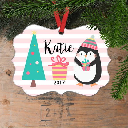 Girl Christmas Ornament - Pink Stripe Personalized Christmas Ornament - Pastel Penguin Christmas Ornament for Girls Joyful Moose