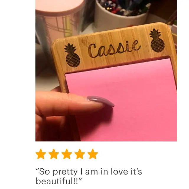 Personalized Floral or Pineapple Bamboo Wood Sticky Note Holder, Custom Teacher Gift Joyful Moose