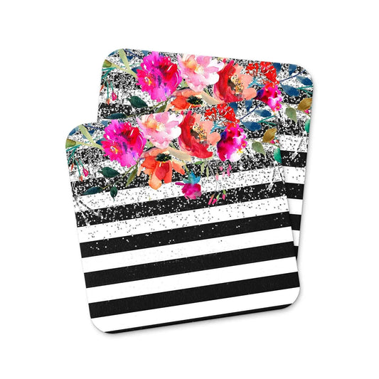 Floral Watercolor Coaster, Black White Stripe with Glitter Drink Coasters, housewarming gift, birthday gift for women, home decor Joyful Moose