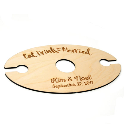 Wine Glass Holder - Wedding Gift - Eat Drink & Be Married - Personalized Wood Wine Glass Carrier Joyful Moose