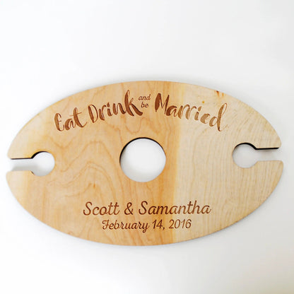 Wine Glass Holder - Wedding Gift - Eat Drink & Be Married - Personalized Wood Wine Glass Carrier Joyful Moose