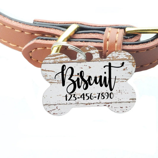 Pet ID Tag, Weathered Wood Pattern Custom Dog Name Tag, personalized dog tag, wood texture pet id tag, woodgrain dog name tag Joyful Moose