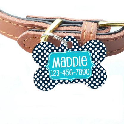 Personalized Pet Id Tag - Custom Dog Tag - Navy Turquoise Big Dots Joyful Moose