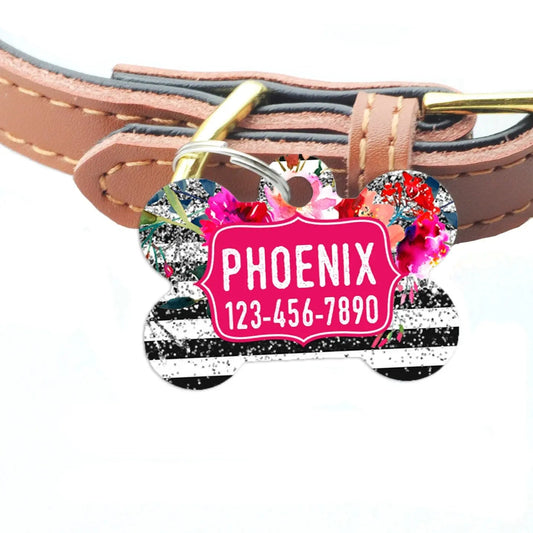 Floral Pet ID Tag - Watercolor Floral Rose Silver Glitter Dog Name Tag Joyful Moose