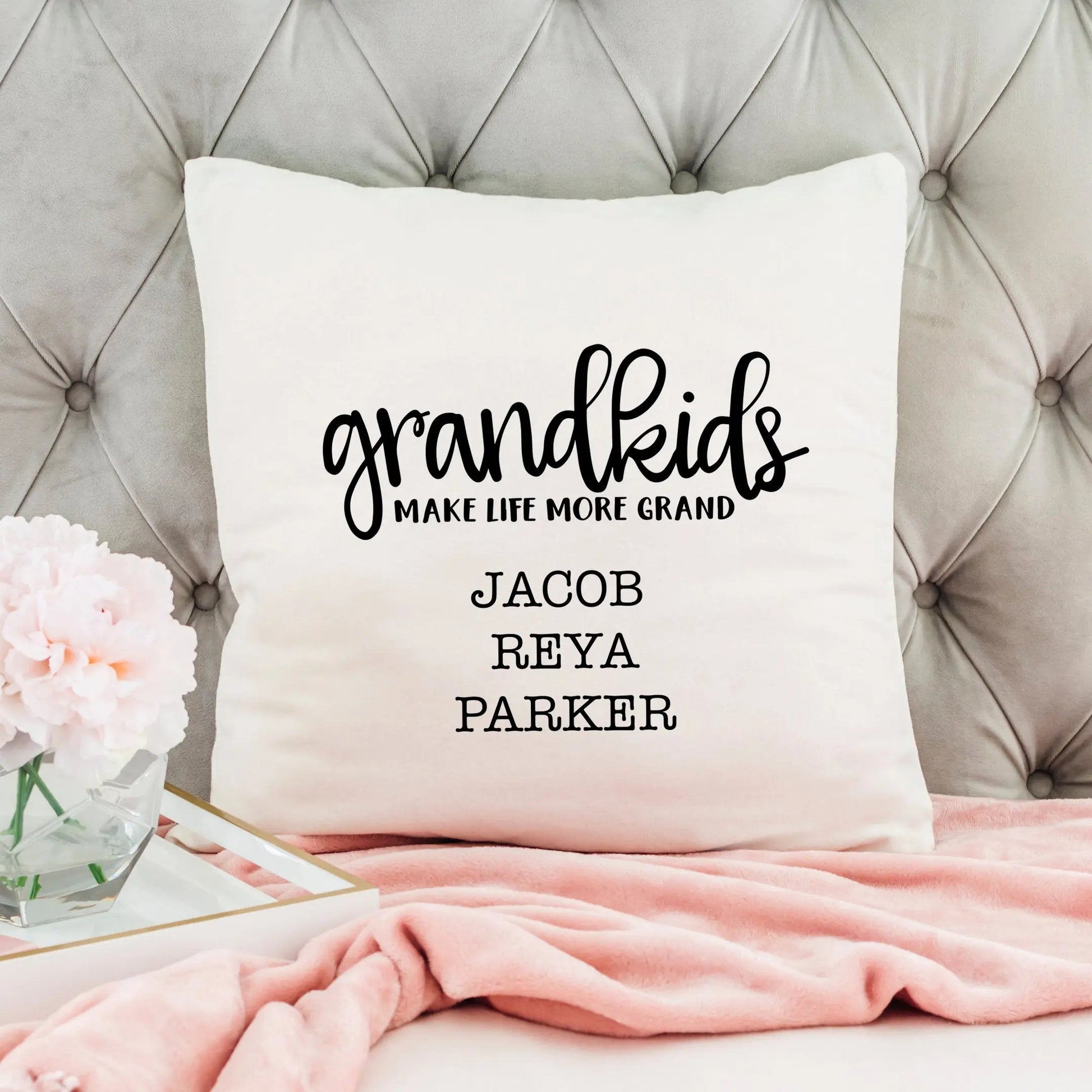 Personalized Pillow Cover - Grandkids Make Life Grand - Christmas Gift for Grandma - Throw Pillow Personalized with Grandchildrens Names Joyful Moose