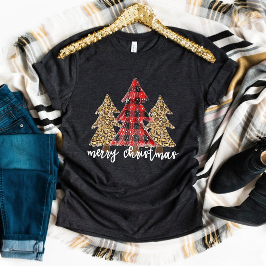Merry Christmas Shirt Trees Cheetah Print Buffalo Check Plaid Joyful Moose