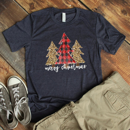 Merry Christmas Shirt Trees Cheetah Print Buffalo Check Plaid Joyful Moose