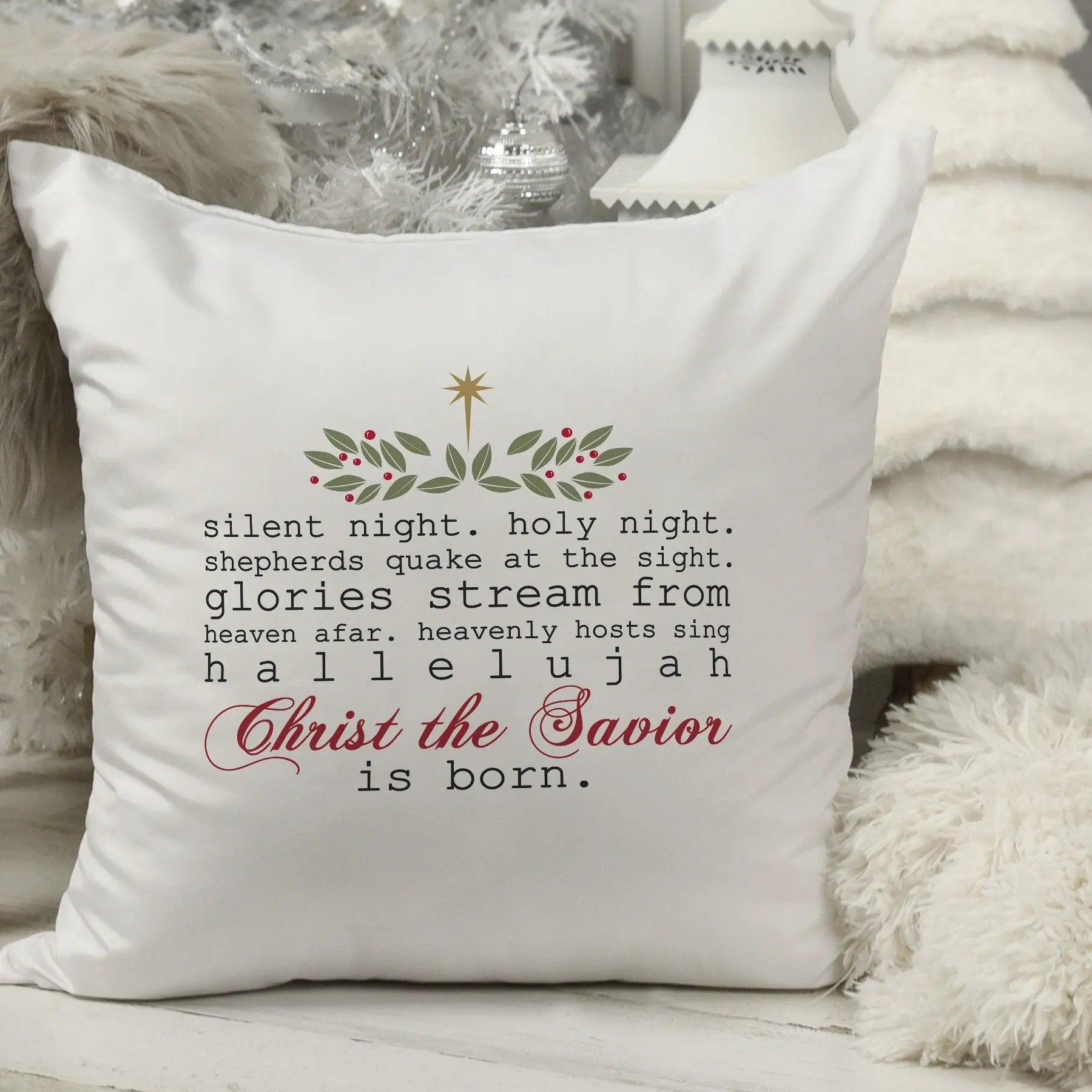 Silent Night Christmas Pillow - Hallelujah Christ the Savior is Born Christmas Decor Joyful Moose