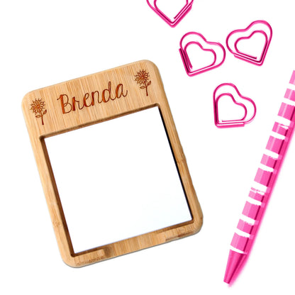 Personalized Floral or Pineapple Bamboo Wood Sticky Note Holder, Custom Teacher Gift Joyful Moose