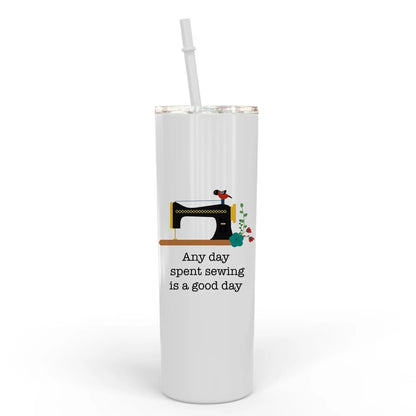 Sewing Travel Cup - Water Bottle Gift for Quilters - Sewing Machine Skinny Tumbler Joyful Moose