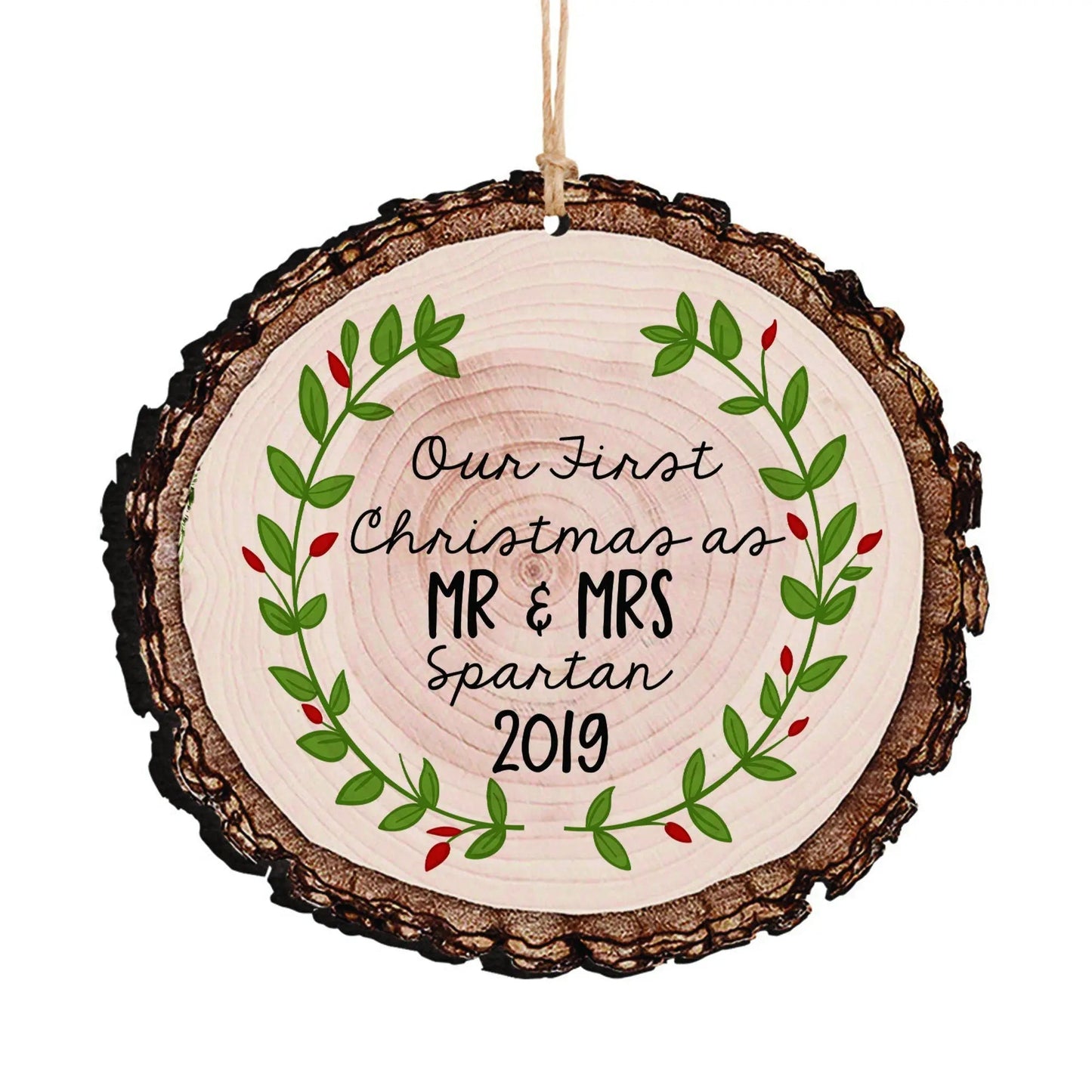 Wedding Gift, Our First Christmas as Mr & Mrs Christmas Ornament, Personalized Rustic Wood Slice Tree Ornament Joyful Moose