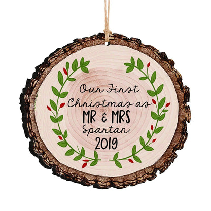Wedding Gift, Our First Christmas as Mr & Mrs Christmas Ornament, Personalized Rustic Wood Slice Tree Ornament Joyful Moose