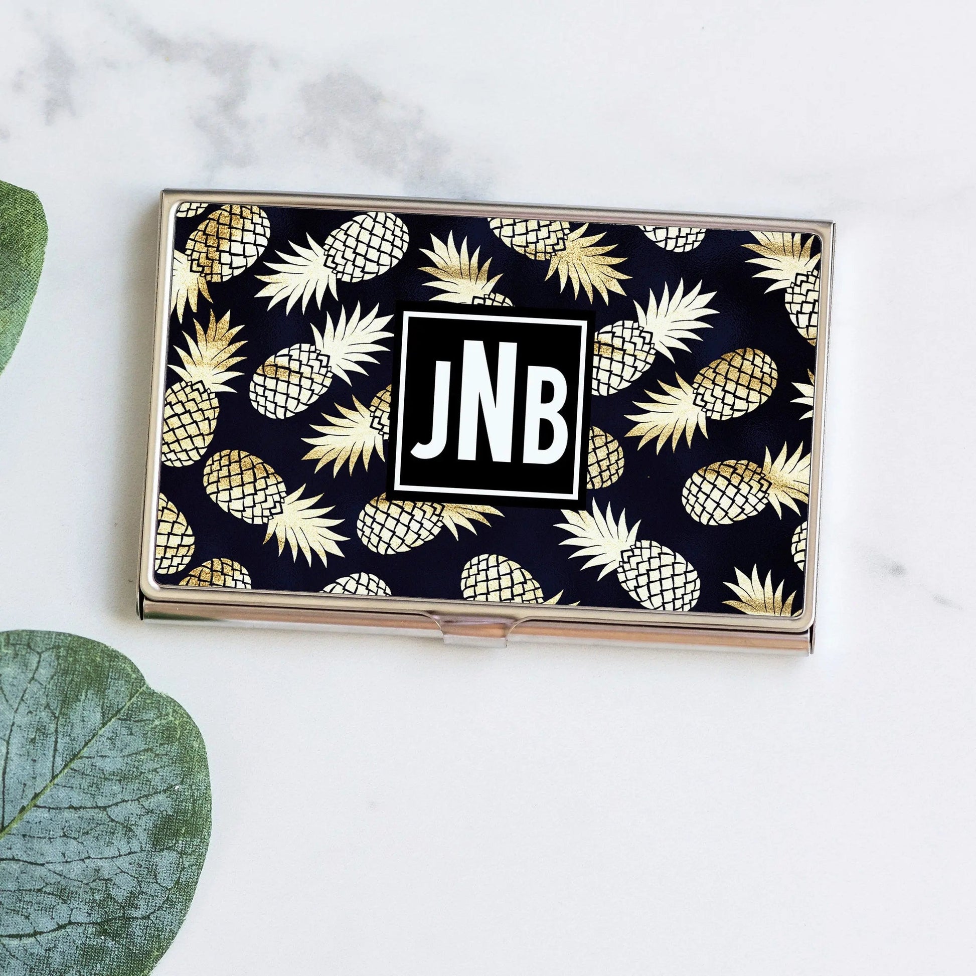 Pineapple Business Card Holder, Black & Gold Business Card Case, Monogram credit card holder Joyful Moose