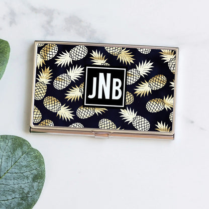 Pineapple Business Card Holder, Black & Gold Business Card Case, Monogram credit card holder Joyful Moose