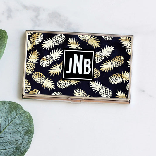 Pineapple Business Card Holder, Black & Gold Business Card Case, Monogram credit card holder Joyful Moose