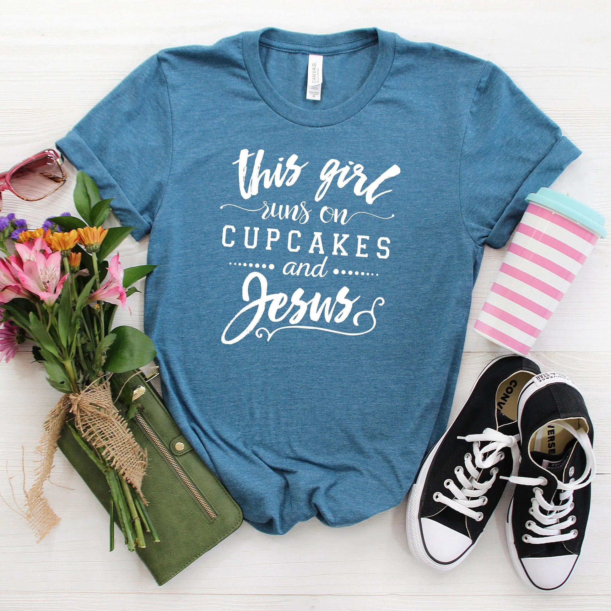Christian Women's T-Shirt - Cupcakes and Jesus Shirt | Soft Bella Canvas Tee Joyful Moose