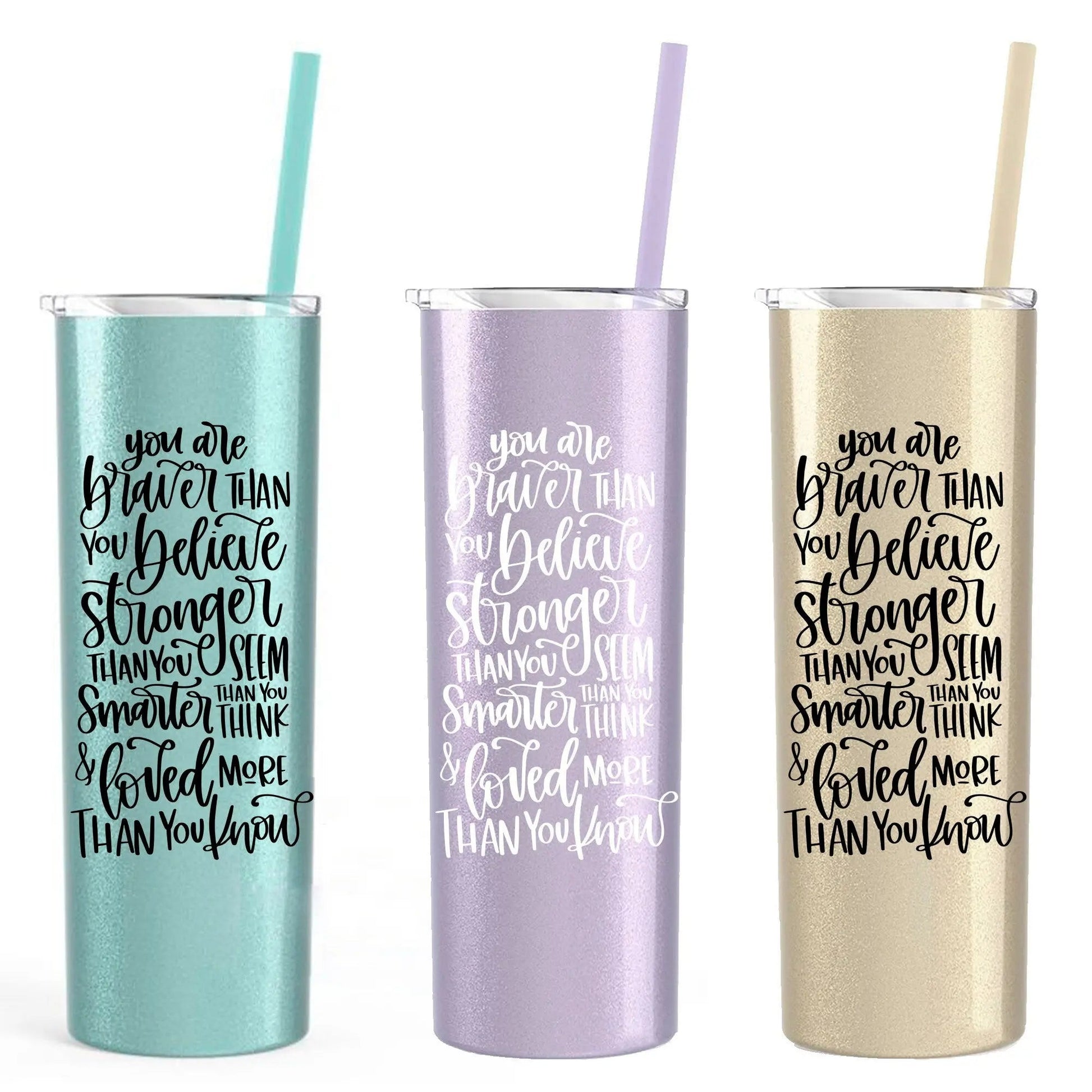 Inspirational Water Bottle, Encouragement Gift, Glitter Skinny Tumbler, Brave Strong Smart Loved Travel Cup Joyful Moose