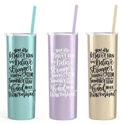 Inspirational Water Bottle, Encouragement Gift, Glitter Skinny Tumbler, Brave Strong Smart Loved Travel Cup Joyful Moose
