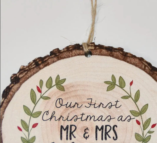 Wedding Gift, Our First Christmas as Mr & Mrs Christmas Ornament, Personalized Rustic Wood Slice Tree Ornament Joyful Moose