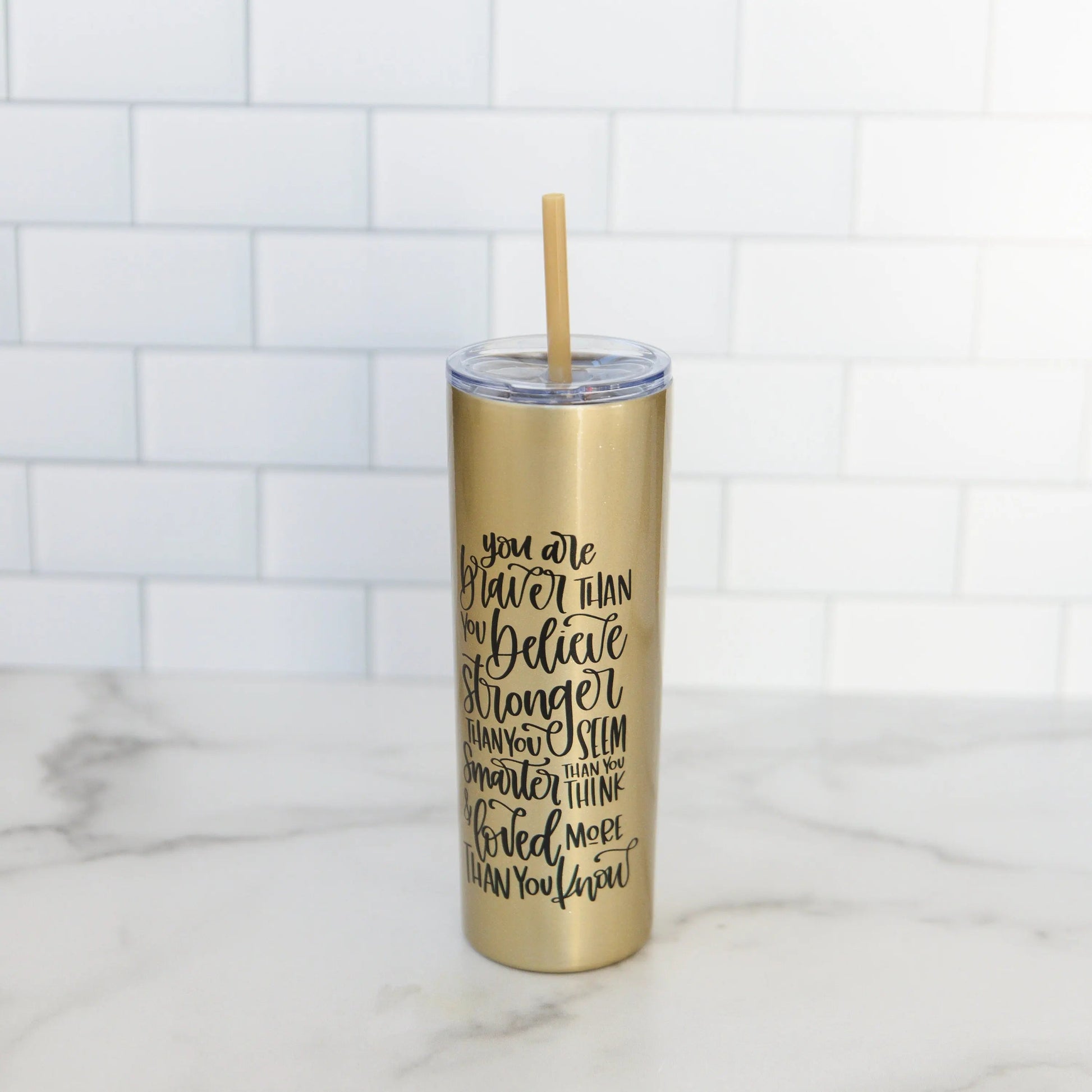 Inspirational Water Bottle, Encouragement Gift, Glitter Skinny Tumbler, Brave Strong Smart Loved Travel Cup Joyful Moose