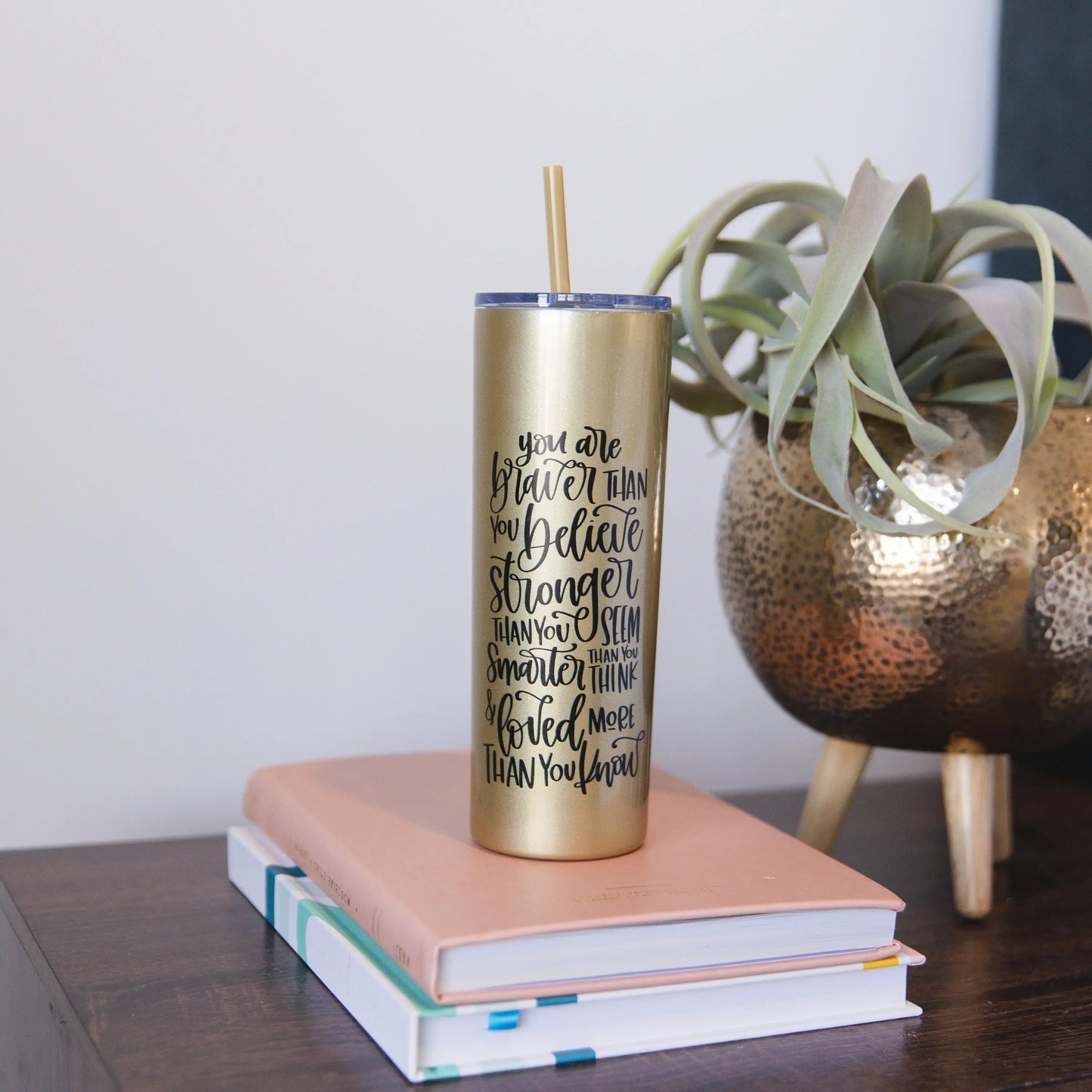 Inspirational Water Bottle, Encouragement Gift, Glitter Skinny Tumbler, Brave Strong Smart Loved Travel Cup Joyful Moose
