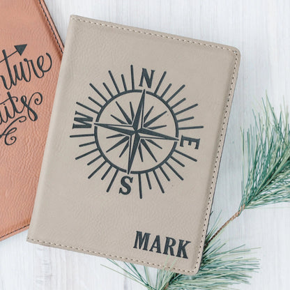 Personalized Passport Holder – Engraved Faux Leather Passport Cover With Compass Design Joyful Moose