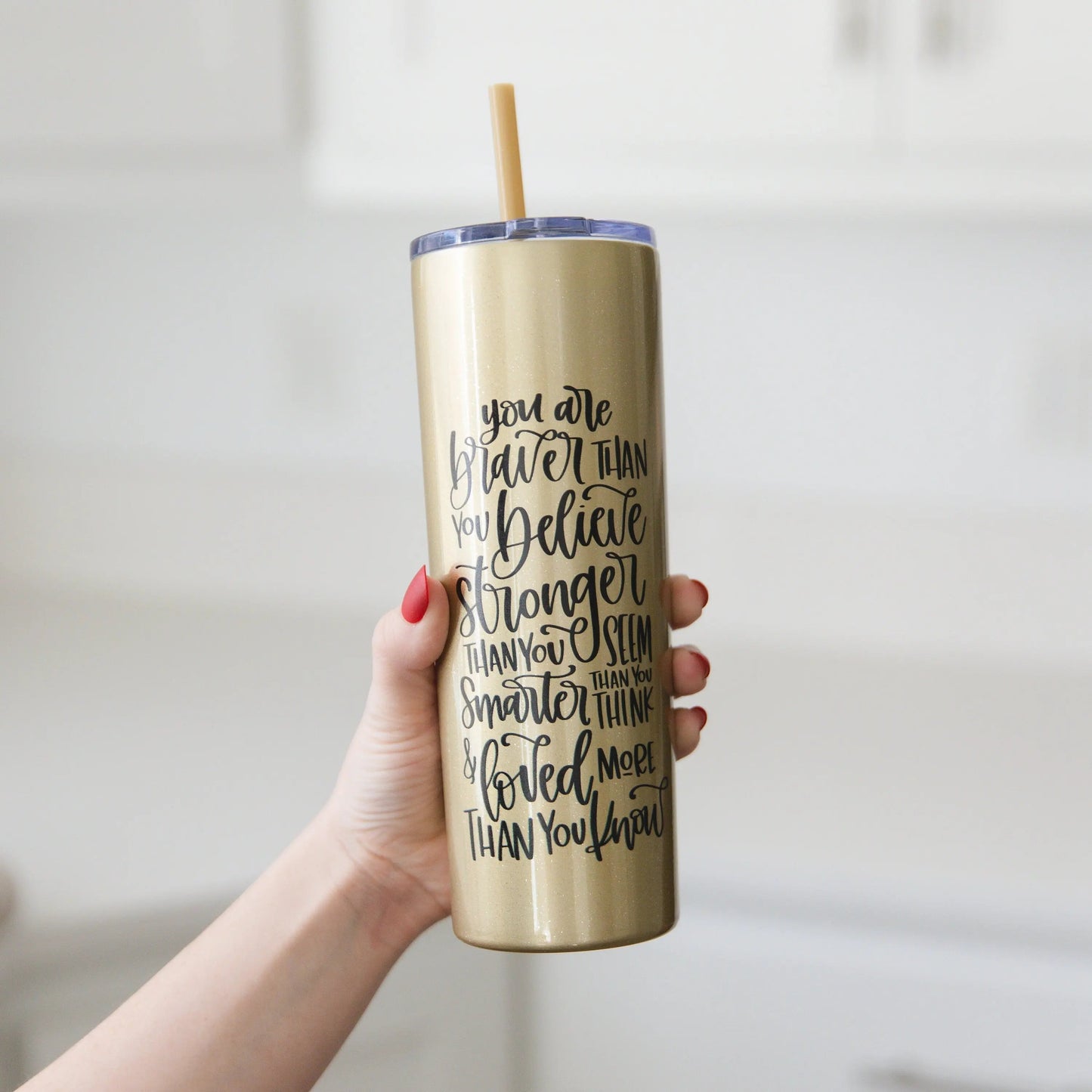 Inspirational Water Bottle, Encouragement Gift, Glitter Skinny Tumbler, Brave Strong Smart Loved Travel Cup Joyful Moose